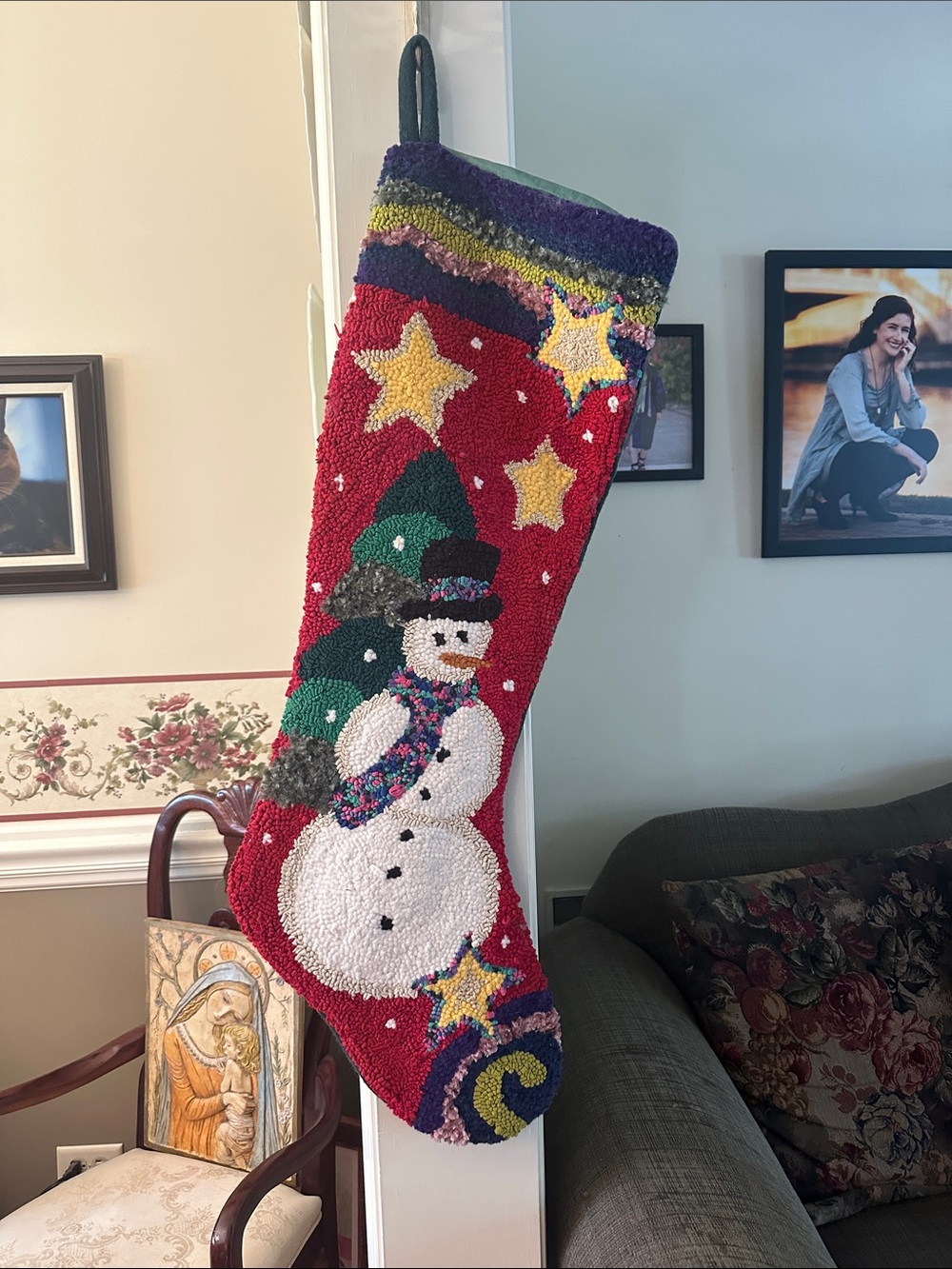 Beautiful vintage 36” wool and cotton handmade needlework snowman, star stocking